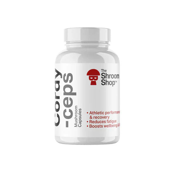 "The Shroom Shop Cordyceps Mushroom 45000mg capsules bottle containing 90 vegan-friendly 500mg capsules for athletic performance, energy enhancement, and fatigue reduction
