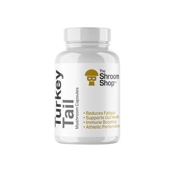 The Shroom Shop Premium Mushroom Capsules 45000mg collection featuring 6 varieties: Lion's Mane, Chaga, Cordyceps, Tremella, Reishi, and Turkey Tail for comprehensive wellness support