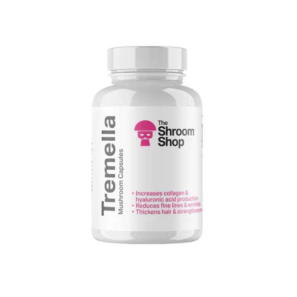 The Shroom Shop Premium Mushroom Capsules 45000mg collection featuring 6 varieties: Lion's Mane, Chaga, Cordyceps, Tremella, Reishi, and Turkey Tail for comprehensive wellness support