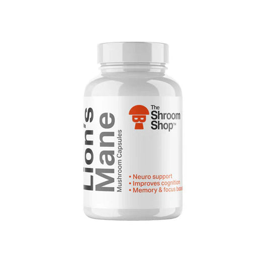 The Shroom Shop Premium Mushroom Capsules 45000mg collection featuring 6 varieties: Lion's Mane, Chaga, Cordyceps, Tremella, Reishi, and Turkey Tail for comprehensive wellness support