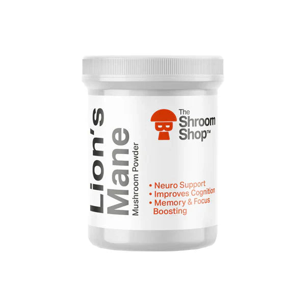 The Shroom Shop Premium Mushroom Powder 90000mg collection featuring Lion's Mane, Cordyceps, and Reishi powders for cognitive enhancement, energy, and wellness support