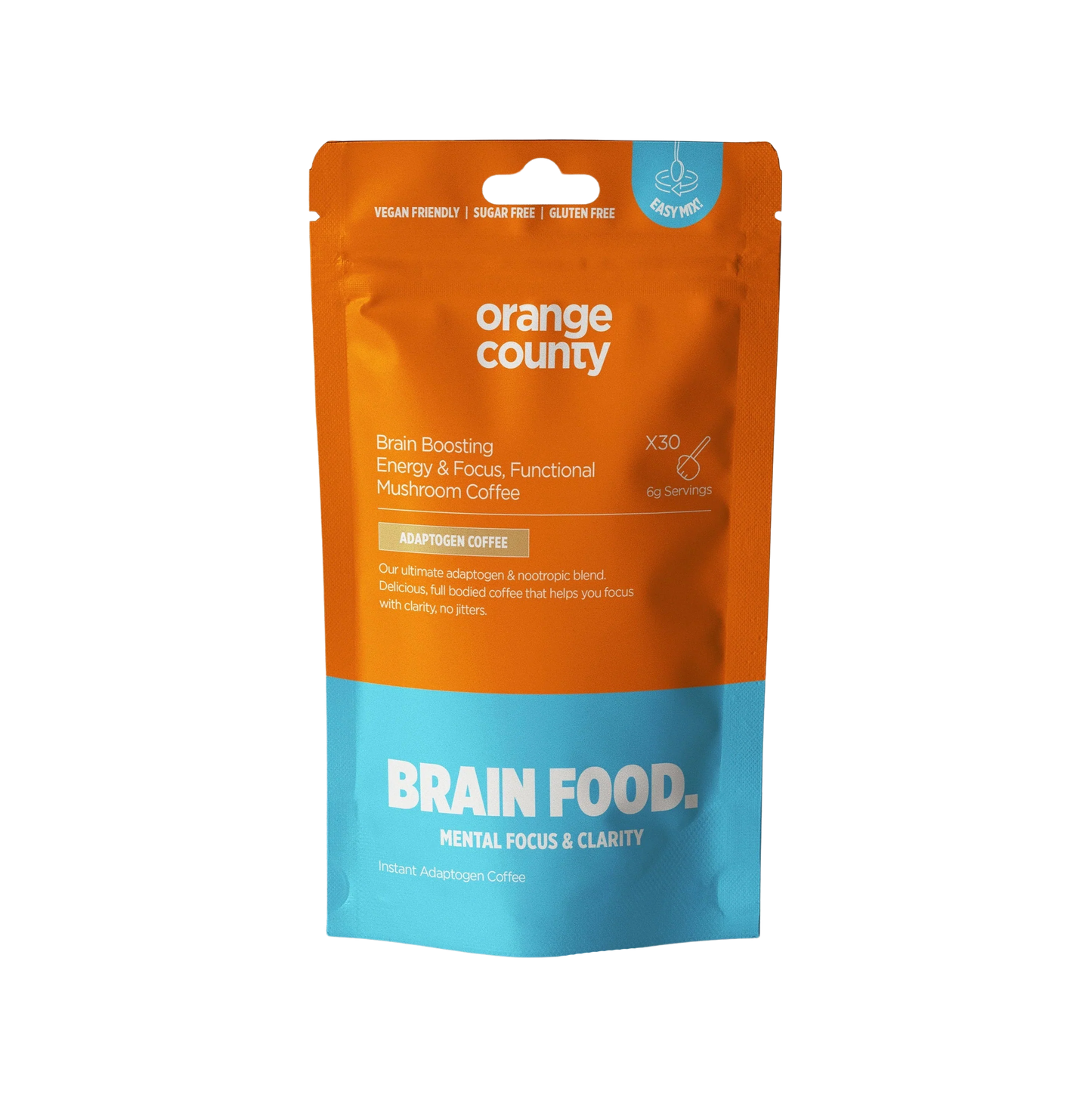 Orange County BRAIN FOOD Focus Coffee 200g pouch with functional mushrooms and ashwagandha for enhanced cognitive function