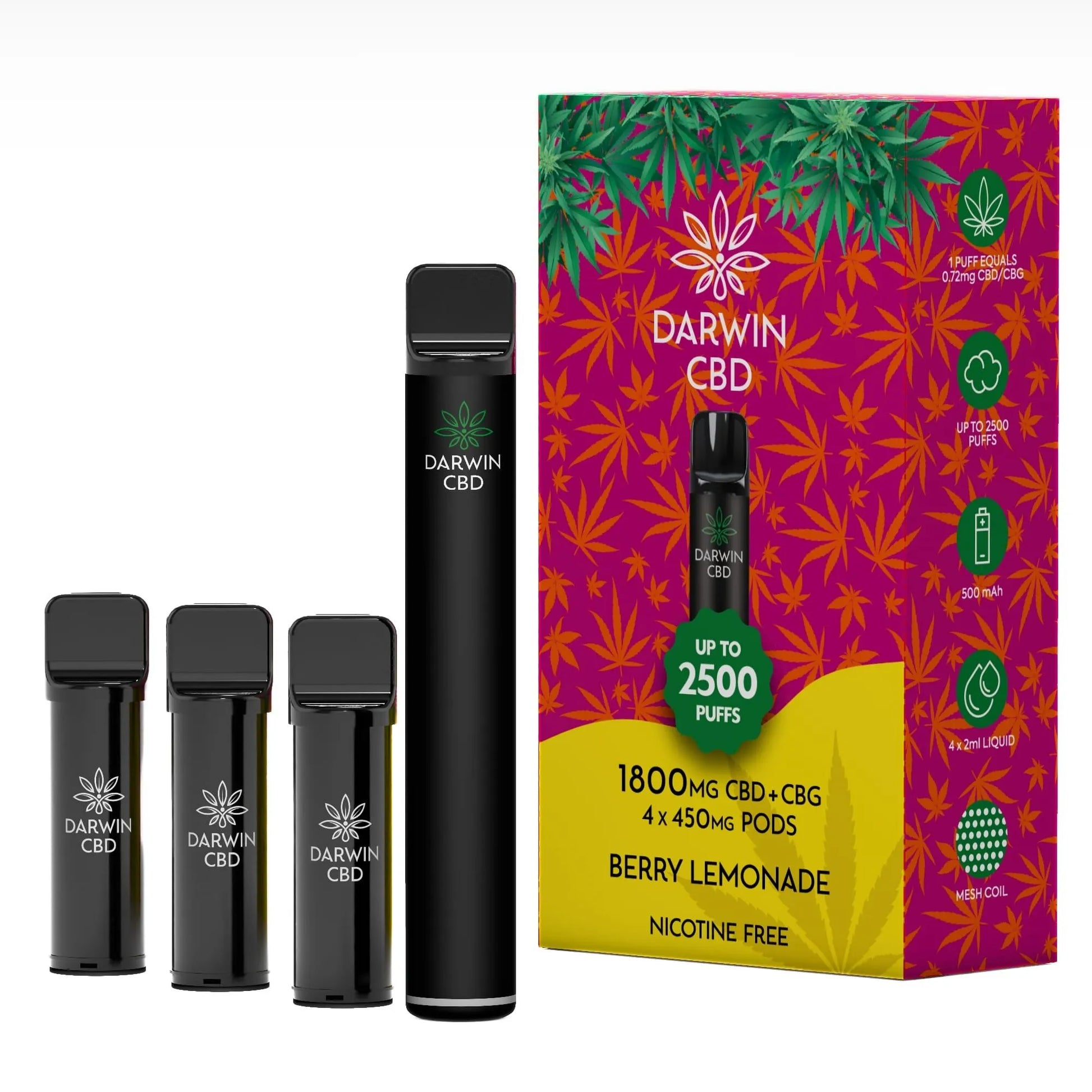 Darwin 1800mg CBD CBG 4 in 1 Pod Kit with 2500 puffs - UK made THC-free vape device
Darwin CBD CBG Pod Kit contents - rechargeable device with 4 prefilled pods 450mg each
Darwin CBD CBG Pod Kit 12 flavors - premium cannabinoid vape pod flavors available