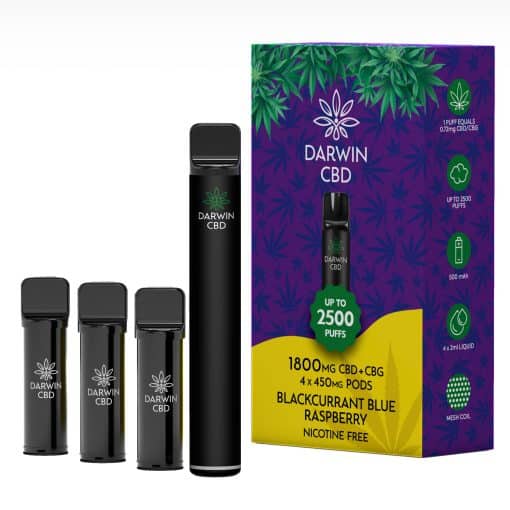 Darwin 1800mg CBD CBG 4 in 1 Pod Kit with 2500 puffs - UK made THC-free vape device
Darwin CBD CBG Pod Kit contents - rechargeable device with 4 prefilled pods 450mg each
Darwin CBD CBG Pod Kit 12 flavors - premium cannabinoid vape pod flavors available