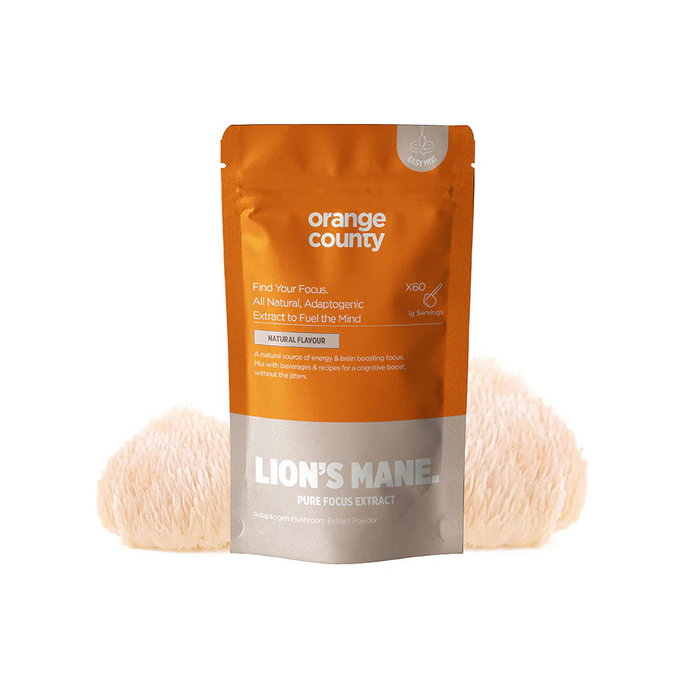 Orange County CBD Lion's Mane 240000mg Extract Powder container showing 60g of premium organic mushroom extract powder for cognitive support and brain health