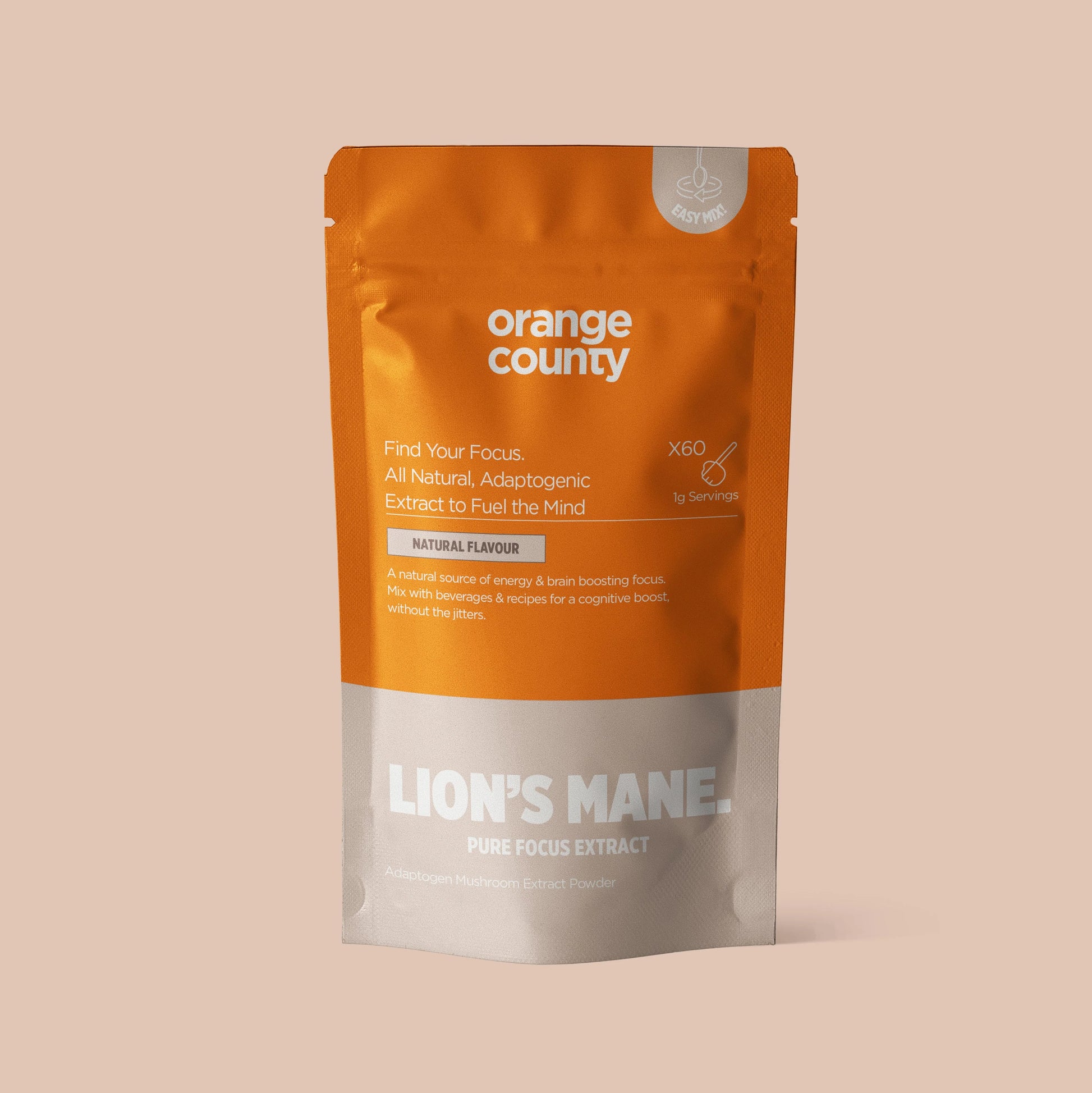 Orange County CBD Lion's Mane 240000mg Extract Powder container showing 60g of premium organic mushroom extract powder for cognitive support and brain health