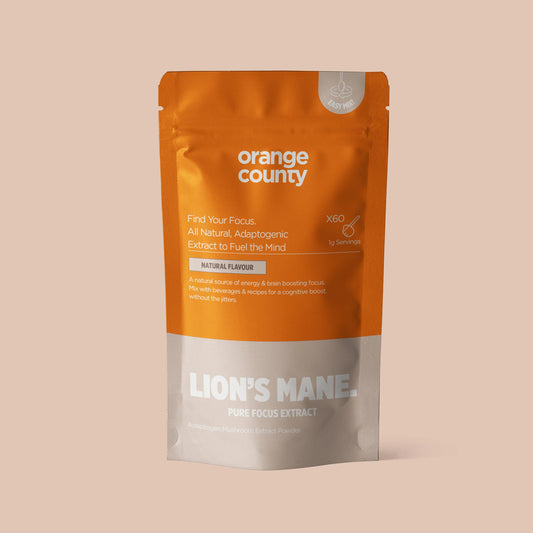 Orange County CBD Lion's Mane 240000mg Extract Powder container showing 60g of premium organic mushroom extract powder for cognitive support and brain health