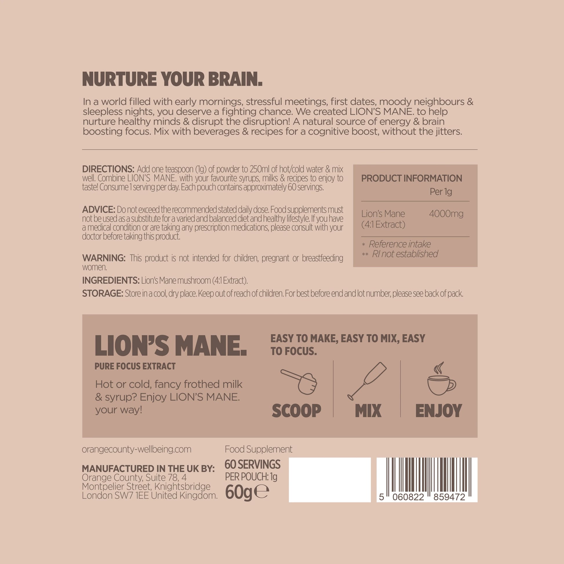 Orange County CBD Lion's Mane 240000mg Extract Powder container showing 60g of premium organic mushroom extract powder for cognitive support and brain health