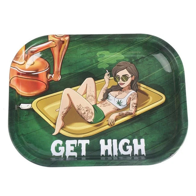 Wise Skies 'Get High' Small Rolling Tray | Metal Rolling Tray 18x14cm