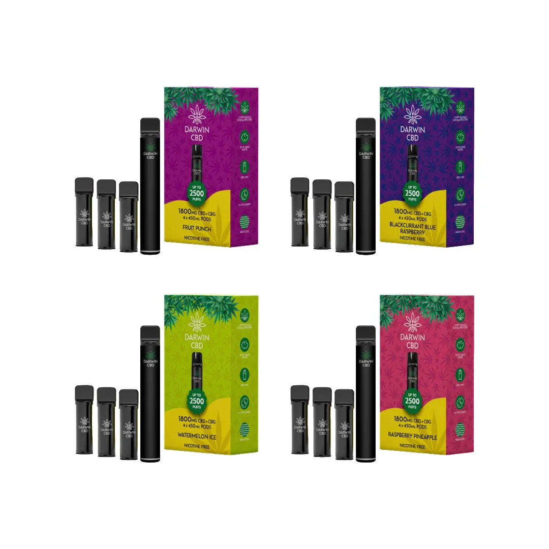 Darwin 1800mg CBD CBG 4 in 1 Pod Kit with 2500 puffs - UK made THC-free vape device
Darwin CBD CBG Pod Kit contents - rechargeable device with 4 prefilled pods 450mg each
Darwin CBD CBG Pod Kit 12 flavors - premium cannabinoid vape pod flavors available