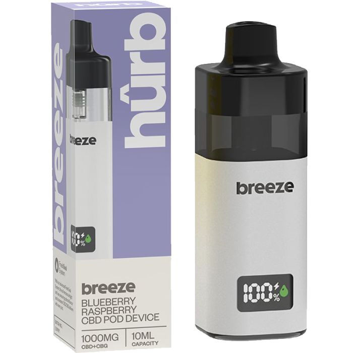 Hurb Breeze CBD 500mg + CBG 500mg prefilled pod kit showing the rechargeable device with 10ml pod containing 1000mg total cannabinoids for premium dual cannabinoid vaping experience
