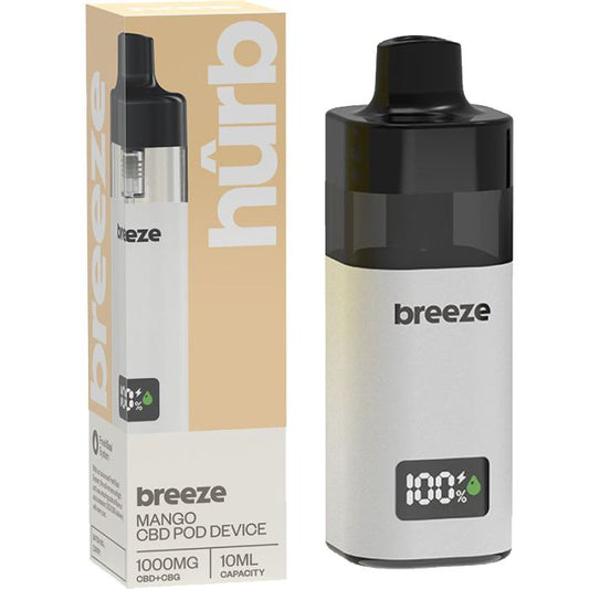 Hurb Breeze CBD 500mg + CBG 500mg prefilled pod kit showing the rechargeable device with 10ml pod containing 1000mg total cannabinoids for premium dual cannabinoid vaping experience