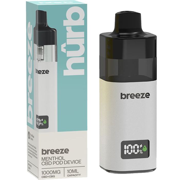 Hurb Breeze CBD 500mg + CBG 500mg prefilled pod kit showing the rechargeable device with 10ml pod containing 1000mg total cannabinoids for premium dual cannabinoid vaping experience