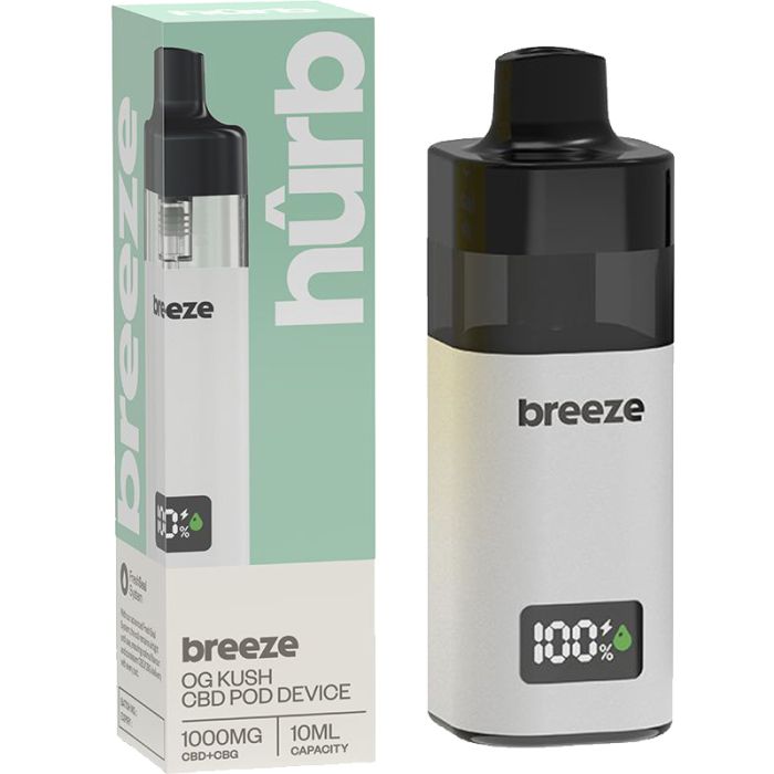 Hurb Breeze CBD 500mg + CBG 500mg prefilled pod kit showing the rechargeable device with 10ml pod containing 1000mg total cannabinoids for premium dual cannabinoid vaping experience