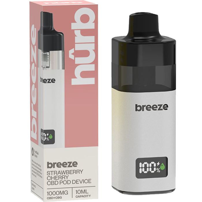 Hurb Breeze CBD 500mg + CBG 500mg prefilled pod kit showing the rechargeable device with 10ml pod containing 1000mg total cannabinoids for premium dual cannabinoid vaping experience